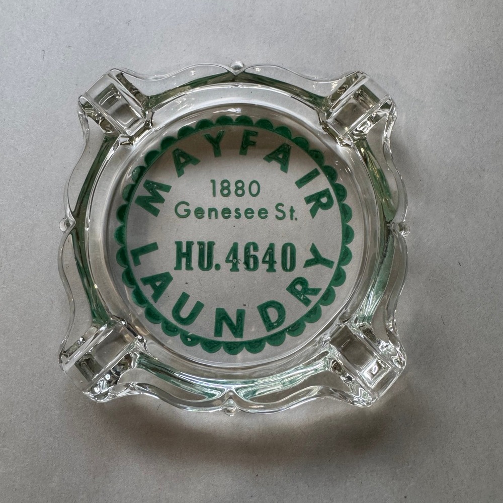 Vintage Mayfair Laundry 1880 Genesee St‎ HU.4640 Glass Ashtray Advertising